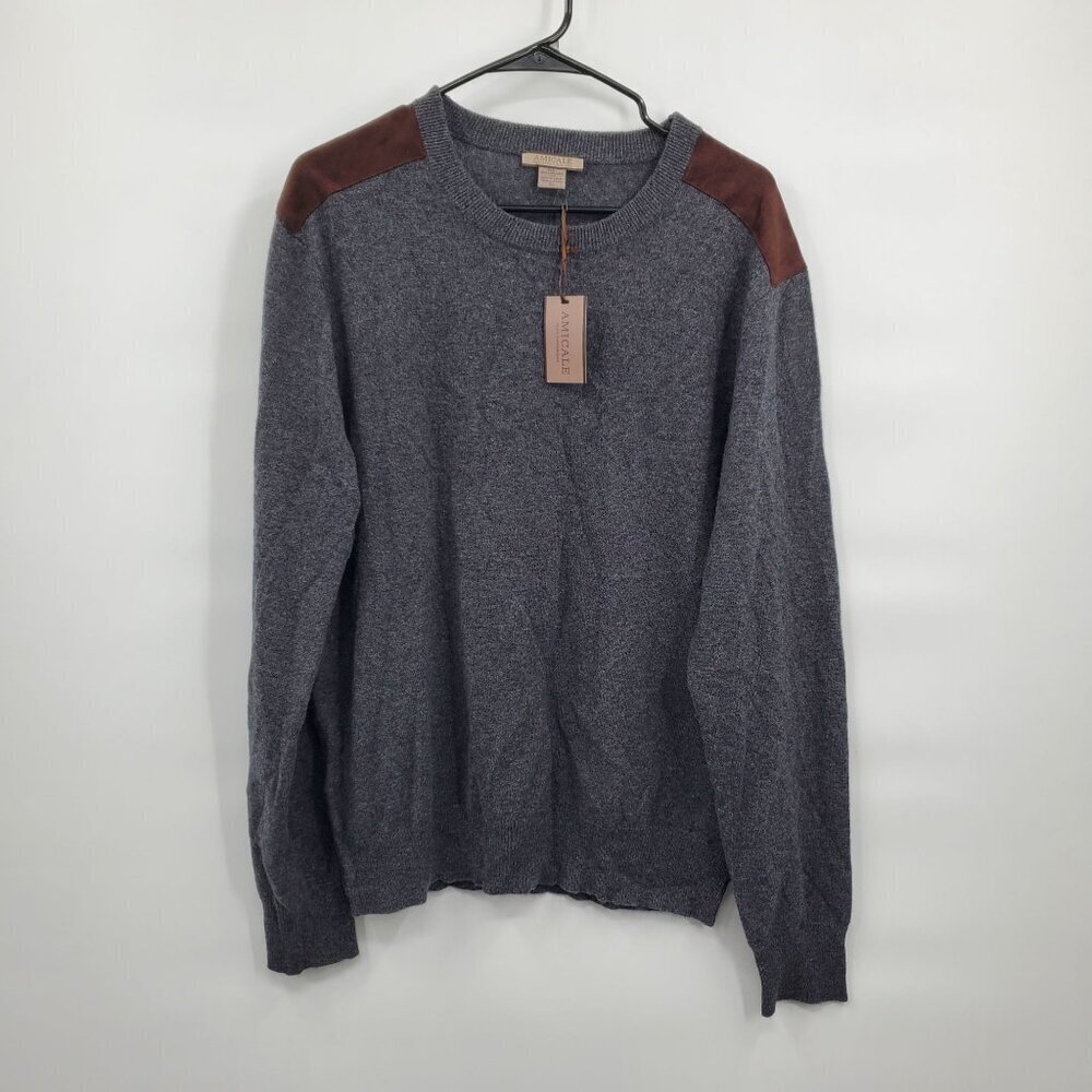 Amicale 100% Cashmere Suede Shoulder Sweater Top Men Size XL NWT Gray Brown